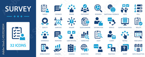 Survey icon set. Feedback and review symbol collection. Opinion, satisfaction, research, questionnaire, poll.