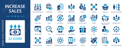 Increase sale icon set. Ways to increase profits. Growth profit, profit, strategy, sales, marketing, vision, seo.