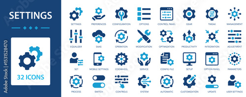 Settings flat icons set. Gear, adjustments, setup, preferences, containing options, controls, service, operation.