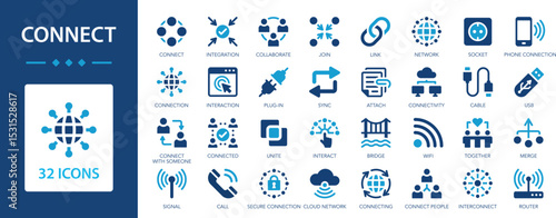 Connect icon set. Interaction, plug-in, cloud, join, cable, connected, network, collaboration, connectivity.