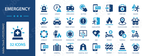 Emergency icon set. Ambulance, 911, urgency, police, medical, SOS,hospital.