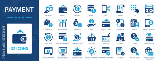 Payment icon set. Finance, money, business, credit card, banking, ATM, wallet.