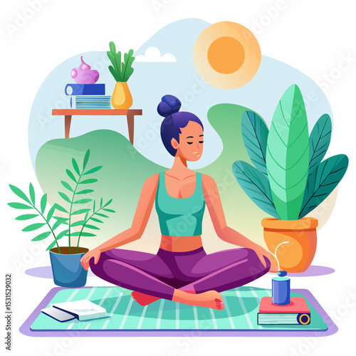 Woman doing morning yoga on mat on withe background