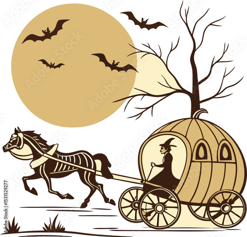 witch carriage halloween night moon bat tree horse