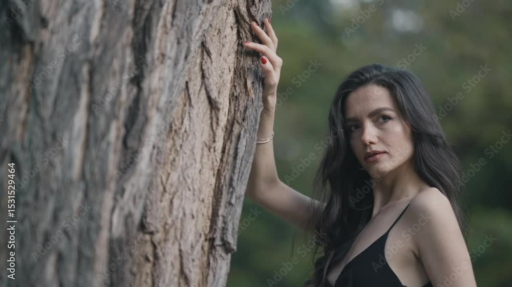 Beautiful woman in black dress stands by a tree with hand resting on its textured bark gazing thoughtfully into the distance Beautiful woman in black dress stands by a tree with hand resting on its textured bark gazing thoughtfully into the distance
