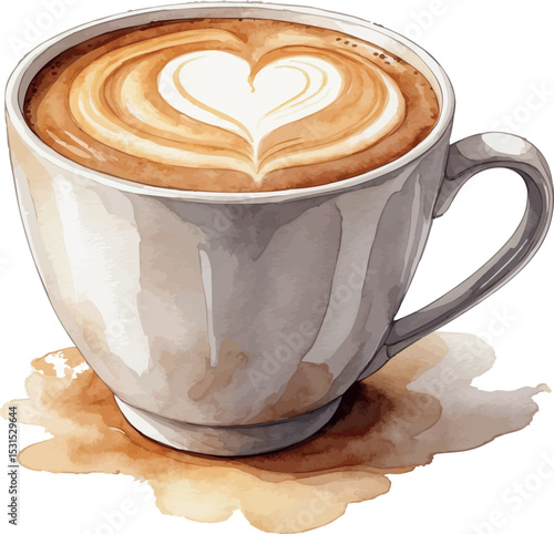 Cappuccino watercolor vector. Artistic coffee cup illustration with foam art and cozy style.