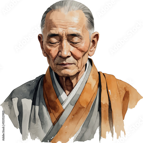 Serene elderly man. Watercolor portrait with meditative calm and grace.