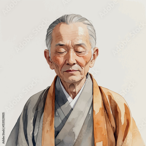 Serene elderly man. Watercolor portrait with meditative calm and grace.