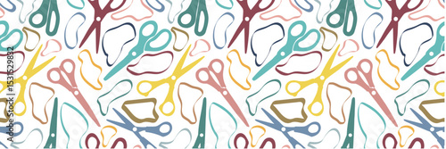 Seamless pattern of colorful scissors for paper or sewing with ovals of irregular, streamlined shape. Vector background of school supplies for educational materials and Back to School theme.