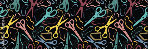 Seamless pattern of colorful scissors for paper or sewing with ovals of irregular, streamlined shape. Vector background of school supplies for educational materials and Back to School theme.
