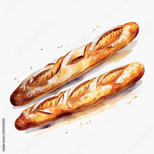 Baguette in watercolor. Vector bakery illustration of rustic bread with golden crust.