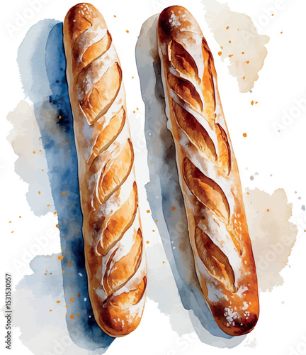 Baguette in watercolor. Vector bakery illustration of rustic bread with golden crust.