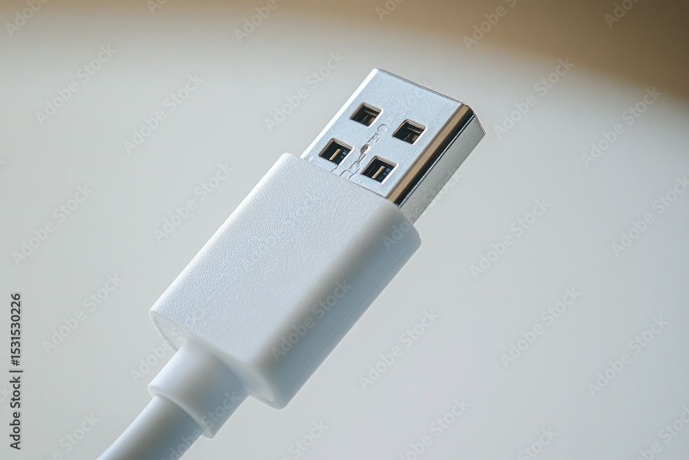 Close up shot of a white usb connector on a white surface in soft light Close up shot of a white usb connector on a white surface in soft light