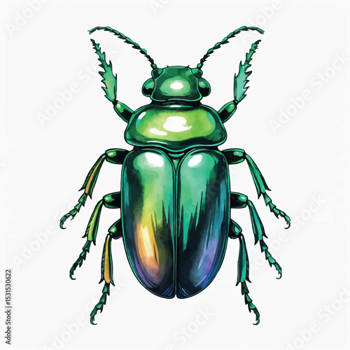 Scarab beetle watercolor vector. Shiny green insect with ancient symbolic style.
