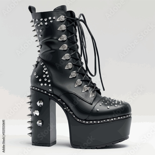Gothic boots vector. Dark platform shoes with lace and metal details.
