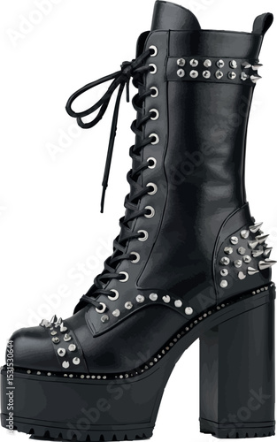 Gothic boots vector. Dark platform shoes with lace and metal details.