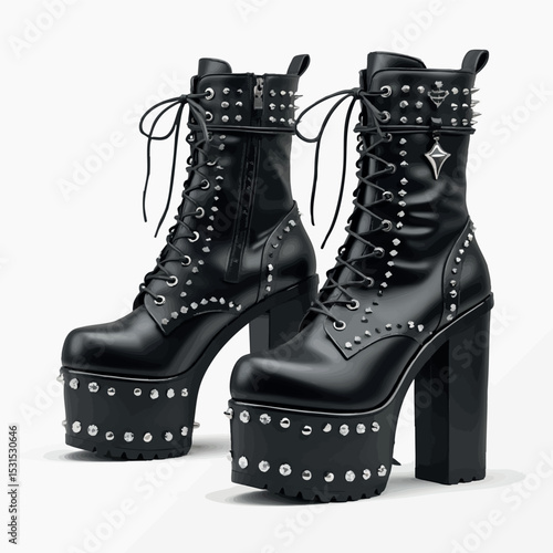 Gothic boots vector. Dark platform shoes with lace and metal details.