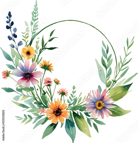 Freeform floral ring vector. Watercolor circle with wild natural flow and abstract spacing.