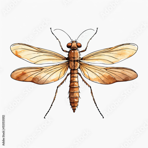 Watercolor mayfly vector. Airy insect with fragile structure and elegant linework.
