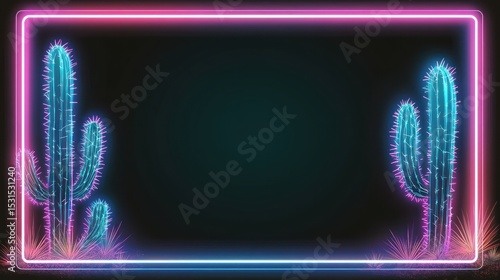 Neon cactus frame.  Dark background framed by glowing pink and blue neon outline.  Two stylized cacti  with detailed prickly texture.  Light teal/turquoise accents
