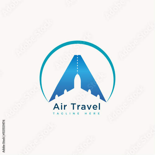 modern air travel logo design I airplane silhouette and runway inside circle, aviation branding icon for airline companies