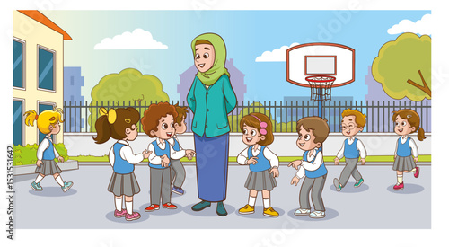 At school, the teacher and cute students are chatting. The students are asking their teachers questions.
