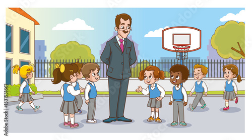 At school, the teacher and cute students are chatting. The students are asking their teachers questions.