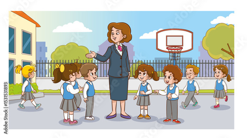 At school, the teacher and cute students are chatting. The students are asking their teachers questions.