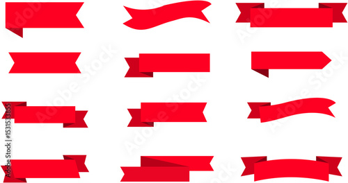 Red Vector Ribbon Banners Set – Flat Design Labels, Tags, Quality Badges, Isolated Ribbons for Web, Marketing, Sale, Infographics, and Decoration