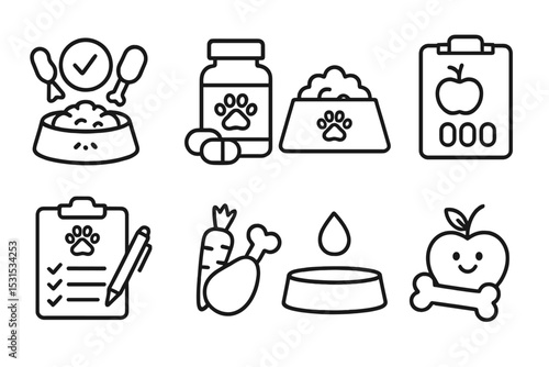 Pet Nutrition Icons. Line style icons of pet nutrition: balanced meal, vitamin pills, feeding bowl, calorie count, diet plan, food