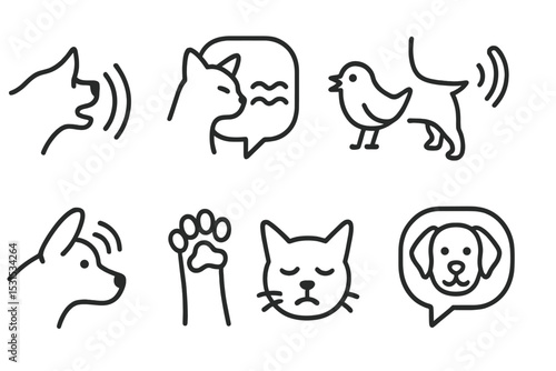 Pet Communication Icons. Line style icons of pet communication: bark icon, meow bubble, chirp sound, tail wag, ear twitch, paw