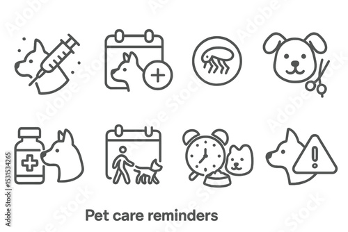 Pet Care Icon Set. Line style icons of pet care reminders: vaccination due, vet check, flea treatment, grooming day, medication