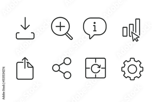 Interactive Icons Collection. Line style icons of user interaction: drill down, zoom in, tooltip info, data highlight, export