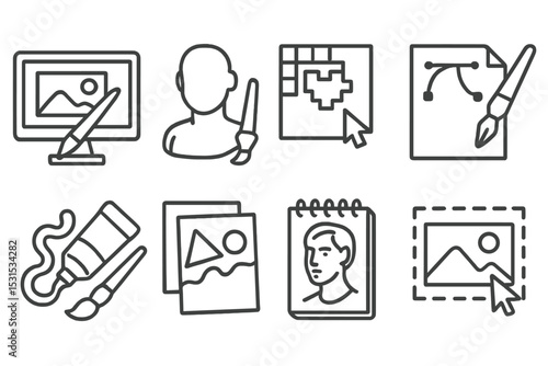 Art Mediums Icons. Line style icons of art mediums: digital canvas, 3D sculpt, pixel art, vector graphic, mixed media, collage,