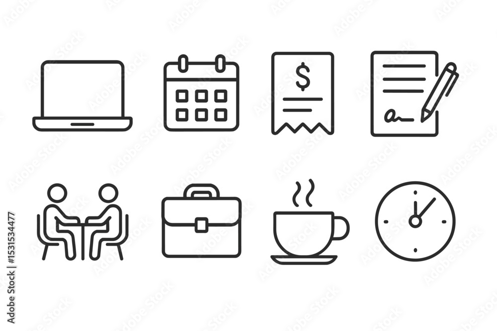 Freelancer Icons Collection. Line style icons for freelancers: laptop, calendar, invoice, contract, client meeting, portfolio, Freelancer Icons Collection. Line style icons for freelancers: laptop, calendar, invoice, contract, client meeting, portfolio,
