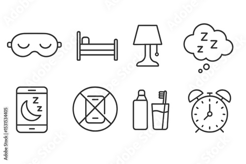 Sleep Icon Set. Line style icons of sleep and rest: sleep mask, bed icon, night lamp, dream cloud, sleep tracker, no phone sign,