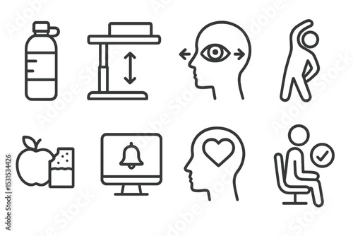 Office Health Icons. Line style icons of office health: water bottle, standing desk, eye exercise, stretching, healthy snack,