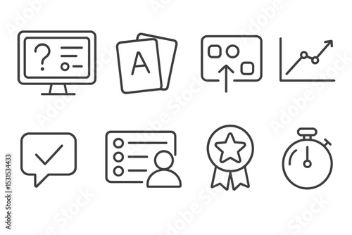 Interactive Learning Icons. Line style icons of interactive learning tools: quiz icon, flashcards, drag and drop, progress tracker
