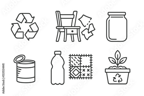 Upcycling Line Icons. Line style icons of upcycling and recycling: recycle symbol, repurposed furniture, fabric scraps, glass jar,