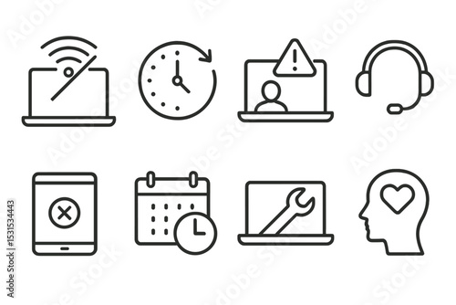 Remote Education Icons. Line style icons of remote education challenges: unstable connection, time zone clock, distraction alert,