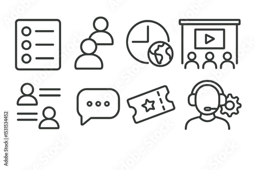 Virtual Event Icons. Line style icons of virtual event logistics: agenda, speaker lineup, time zone clock, session rooms, attendee