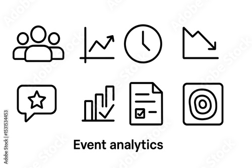 Event Analytics Icons. Line style icons of event analytics: attendee count, engagement graph, session duration, drop-off rate,