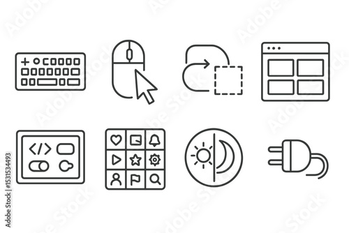 Developer Icon Set. Line style icons for developers: keyboard shortcut, mouse click, drag and drop, interface layout, UI