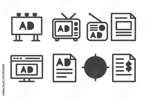 Advertising Icons Set. Line style icons for advertising: billboard, TV commercial, radio ad, print ad, online banner, ad copy,