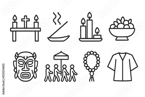 Cultural Ritual Icons. Line style icons for cultural rituals and ceremonies: altar, incense, candles, offering bowl, ritual mask,