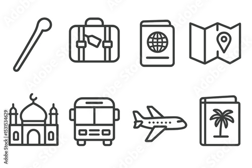 Pilgrimage Travel Icons. Line style icons for pilgrimage and travel: walking stick, travel bag, passport, map, holy site, bus,