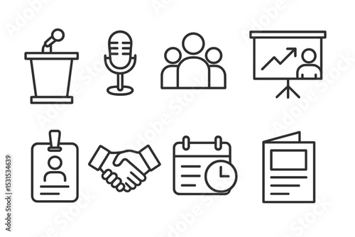 Conference Line Icons. Line style icons for conferences: podium, microphone, audience, presentation screen, name tag, handshake,