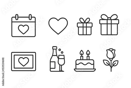 Anniversary Icon Set. Line style icons for anniversaries: calendar, heart, gift box, candlelight dinner, photo frame, champagne,