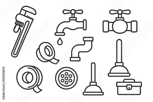 Plumbing DIY Icons. Line style icons for plumbing DIY: pipe wrench, faucet, pipe, valve, plumber’s tape, drain, plunger, toolbox.