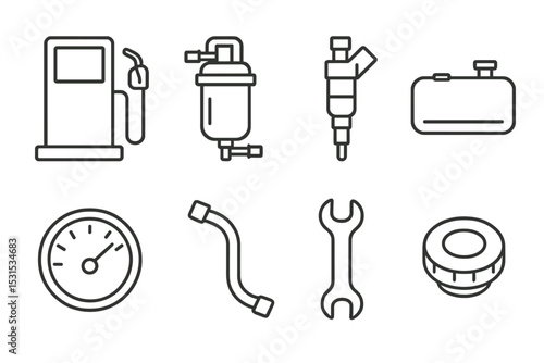 Fuel System Icons. Line style icons for fuel system repair: fuel pump, fuel filter, injector, fuel tank, fuel gauge, fuel line,